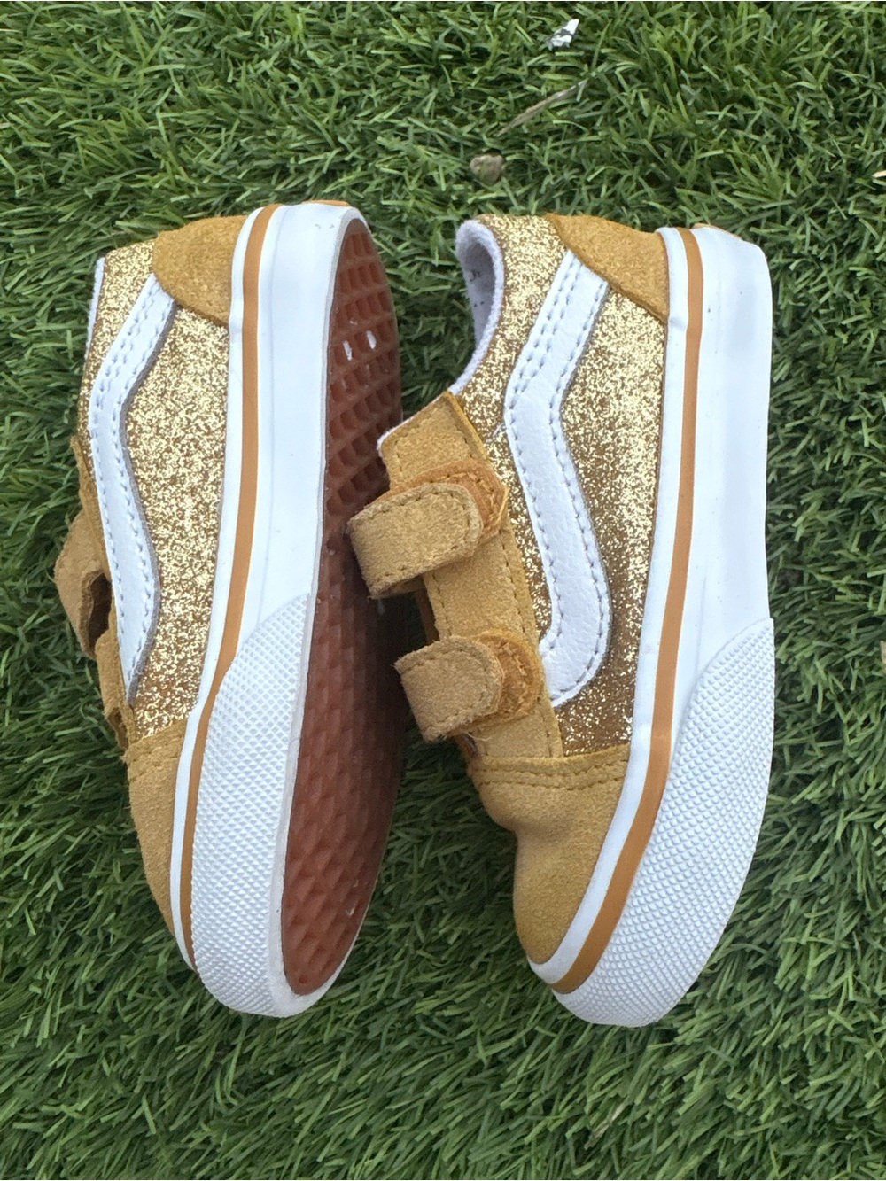 Vans Kids Glitter Velcro Sneakers - Gold and White size 6c